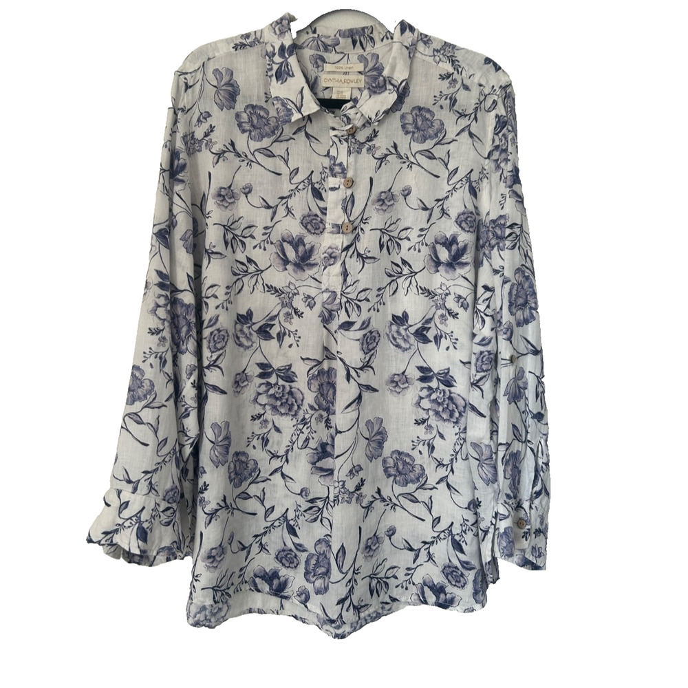 Cynthia Rowley Linen Top Size 2X‎ Blue Floral Button Popover 3/4 Sleeve Tunic